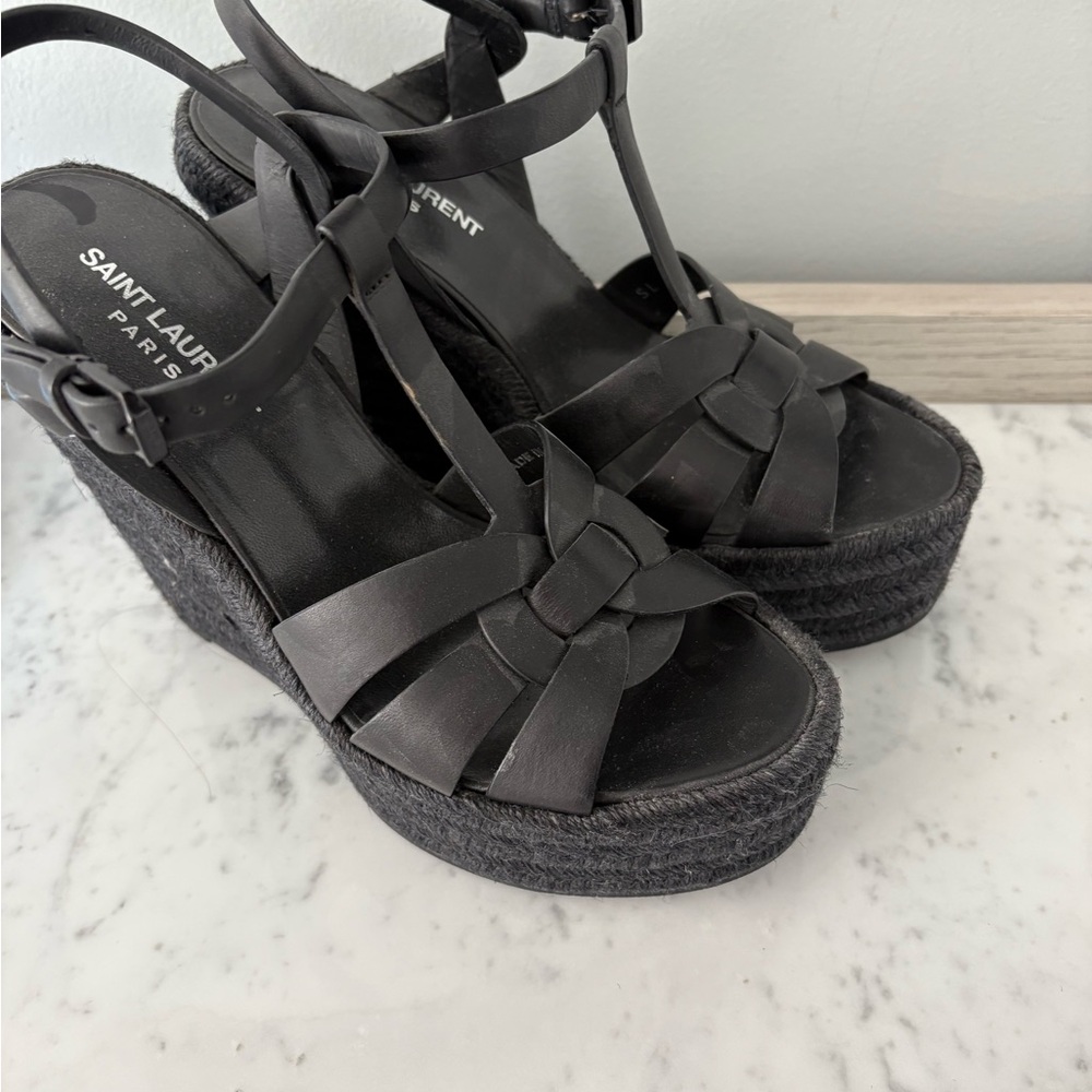 Saint Laurent Black Wedge Sandals with Gladiator Straps